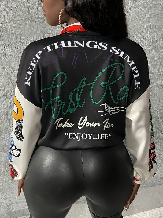 Letter & Graphic Print Snap Button Bomber Jacket, Casual Long Sleeve Baseball Jacket For Spring & Fall, Women's Clothing