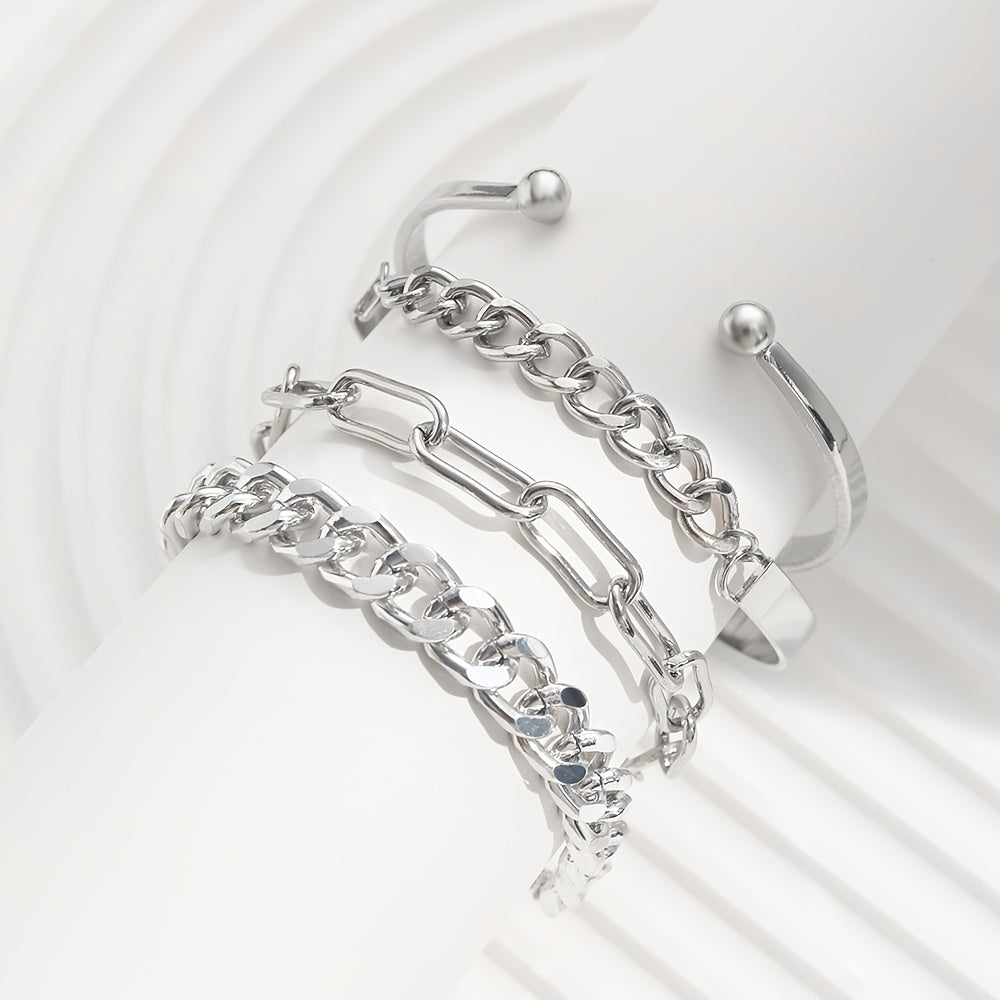 4 Pcs/Set Multilayer Hand Jewelry Decorative Simple Chain & Bangle Bracelet Set for Women - Stylish Party Clothing Accessory - Durable Handcrafted Design - Perfect Gift Idea