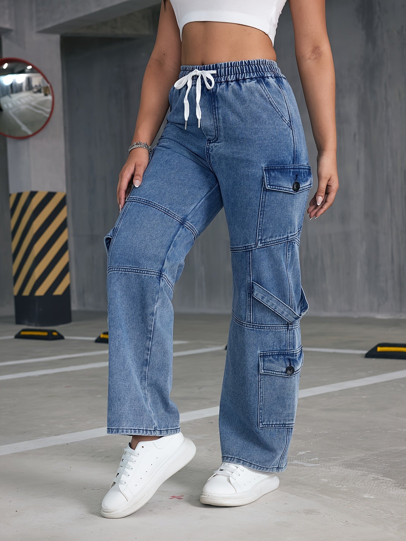 Flap Pockets Boyfriend Cargo Pants, Loose Fit Drawstring Elastic Waist Straight Jeans, Women's Denim Jeans & Clothing