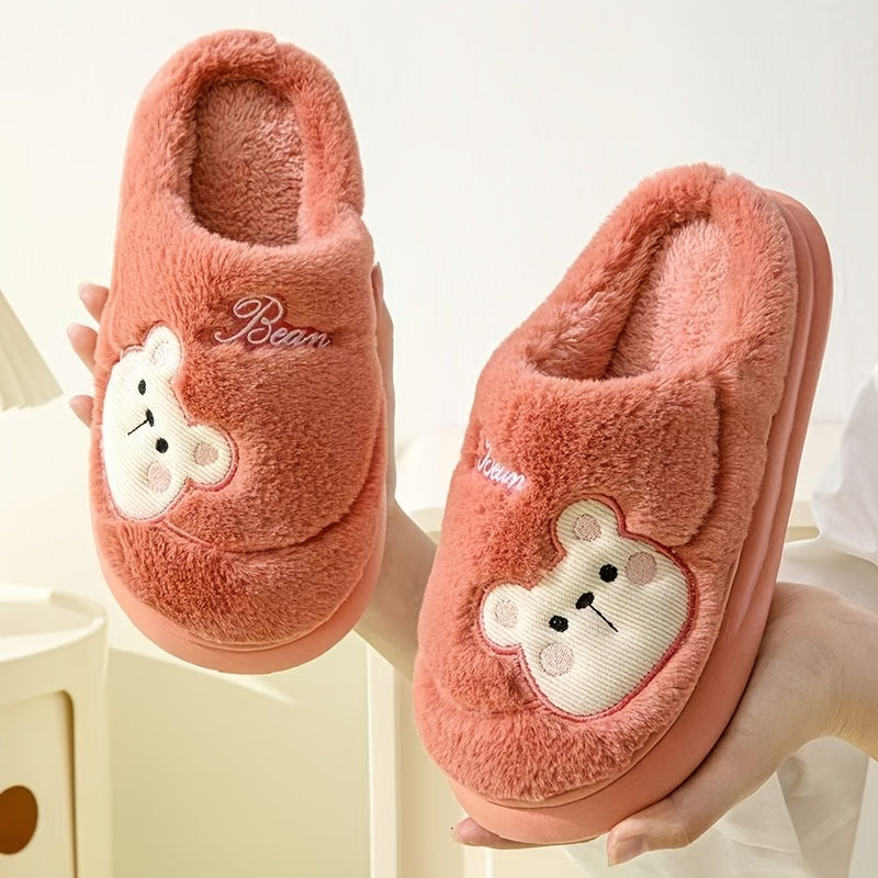 HOLLE Plush Fleece-Lined Winter Slippers with Cute Cartoon Bear Design - Soft EVA Sole Indoor House Shoes for Women & Men, Cozy Warm Indoor/Outdoor Footwear, Cute Slippers