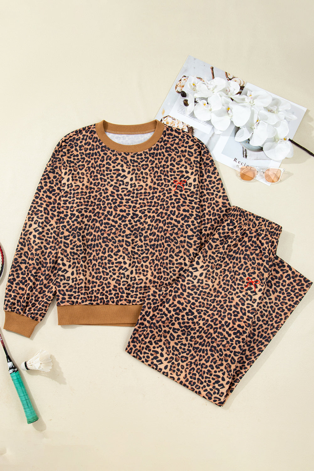 Khaki Leopard Pullover and Pants 2pcs Outfit with Bow Embroidery