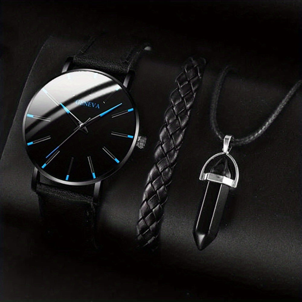 Elegant Men's Quartz Watch with Matching Bracelet and Necklace