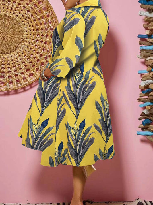 Plant Print Button Front Dress, Casual Long Sleeve Midi Dress, Women's Clothing