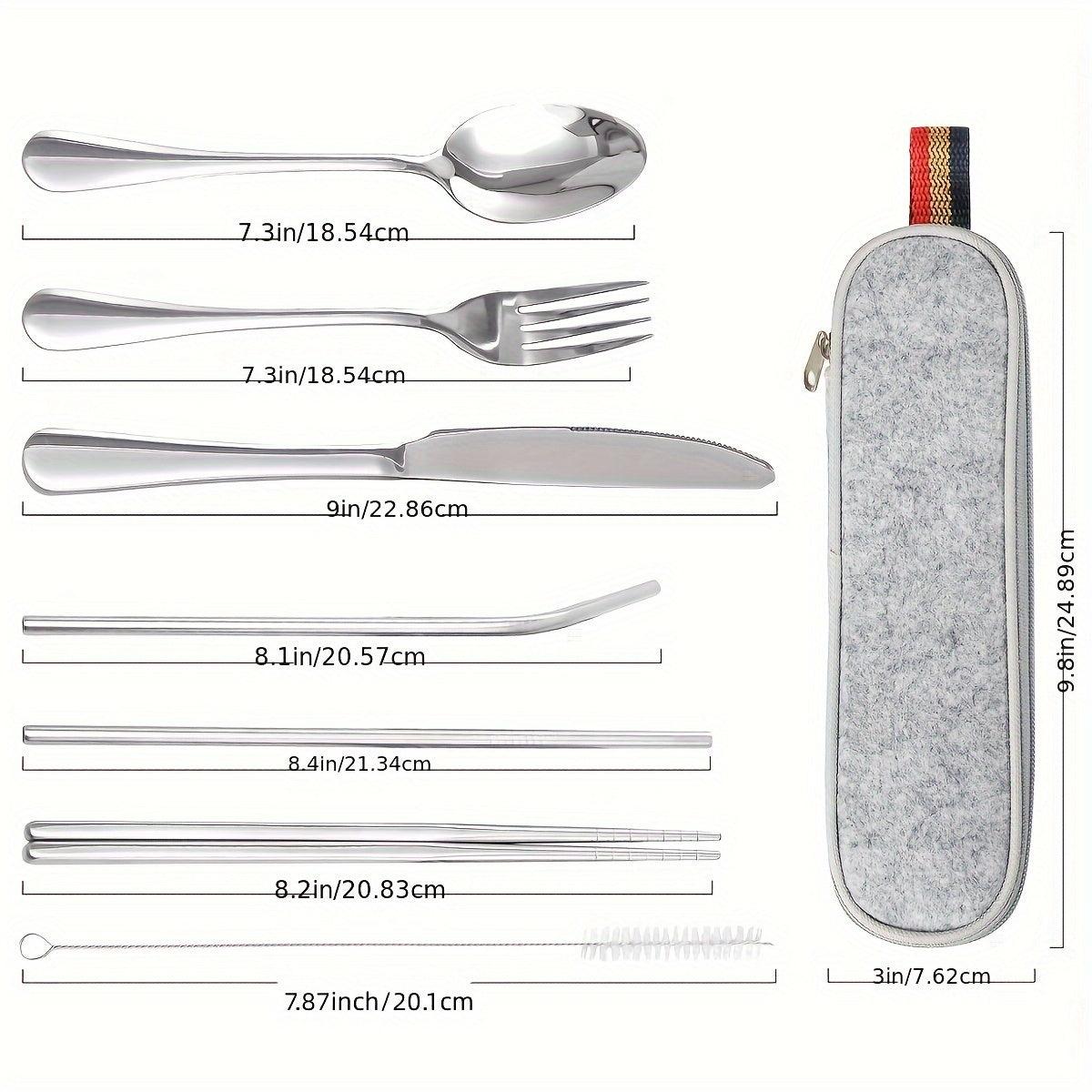 8pcs Portable Utensils, Travel Camping Cutlery Set, Knife Fork Spoon Chopsticks Cleaning Brush Straws Portable Case, Stainless Steel Flatware Set