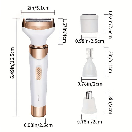 4-in-1 Women's Electric Razor - Wet & Dry Hair Remover For Pubic Hair, Eyebrow, Nose, Face, Legs, Underarms - Portable Bikini Trimmer - Rechargeable & Cordless - Gentle & Effective Hair Shaving