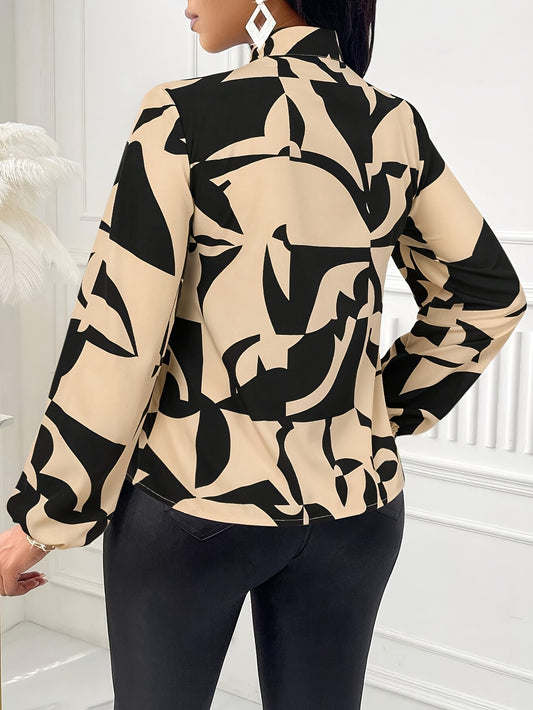 Elegant Geometric Print Bow Tie Collar Blouse - Women's Long Sleeve Shirt with Adjustable Tie Detail, Machine Washable All-Season Top for Casual & Formal Wear, Long Sleeve Blouse, Smooth Texture Fabric