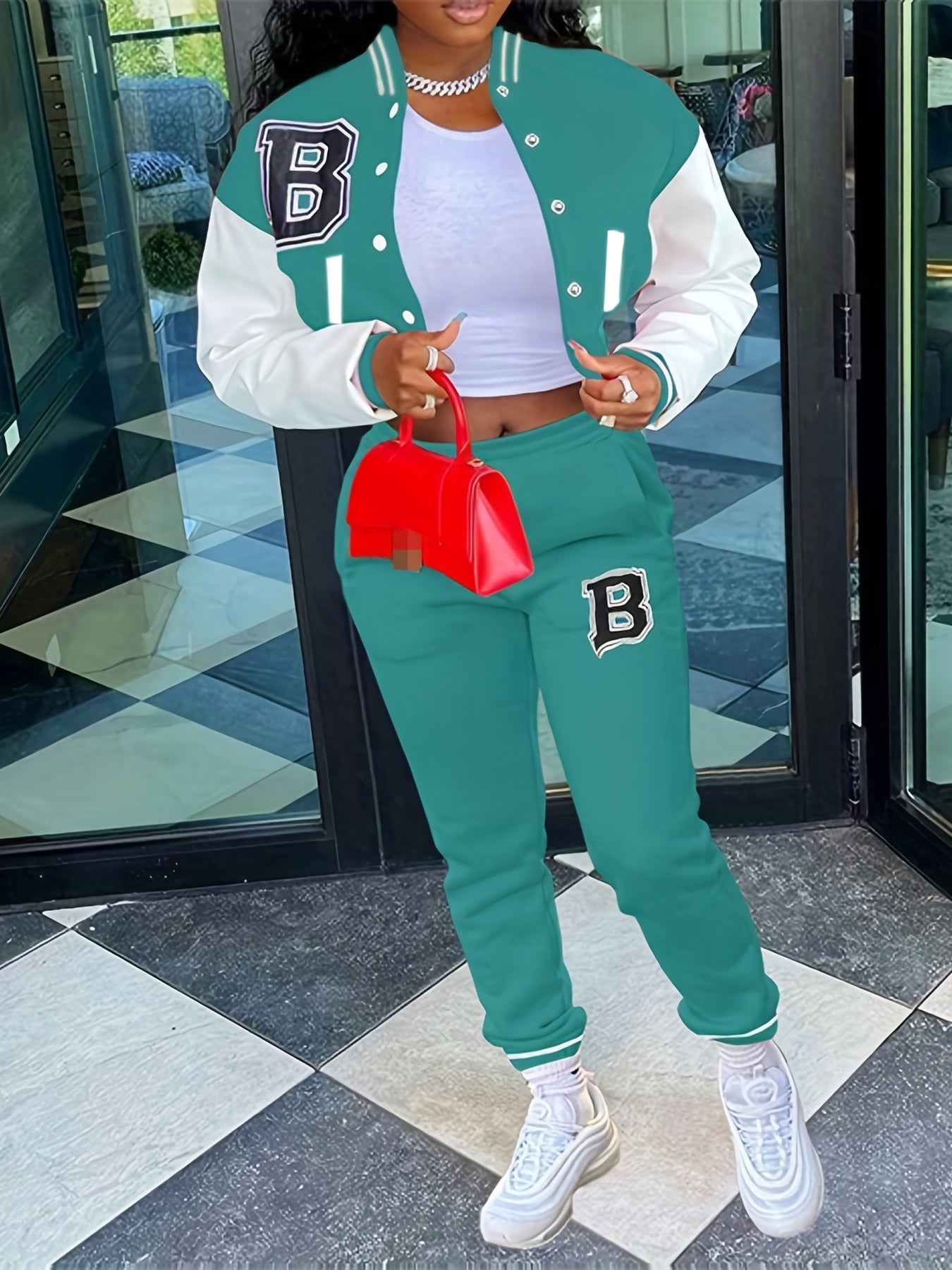 Trendy Letter Print Womens Two-Piece Set - Color Block Bomber Jacket with Slant Pockets & Chic Pants Outfit - Casual & Comfortable Clothing