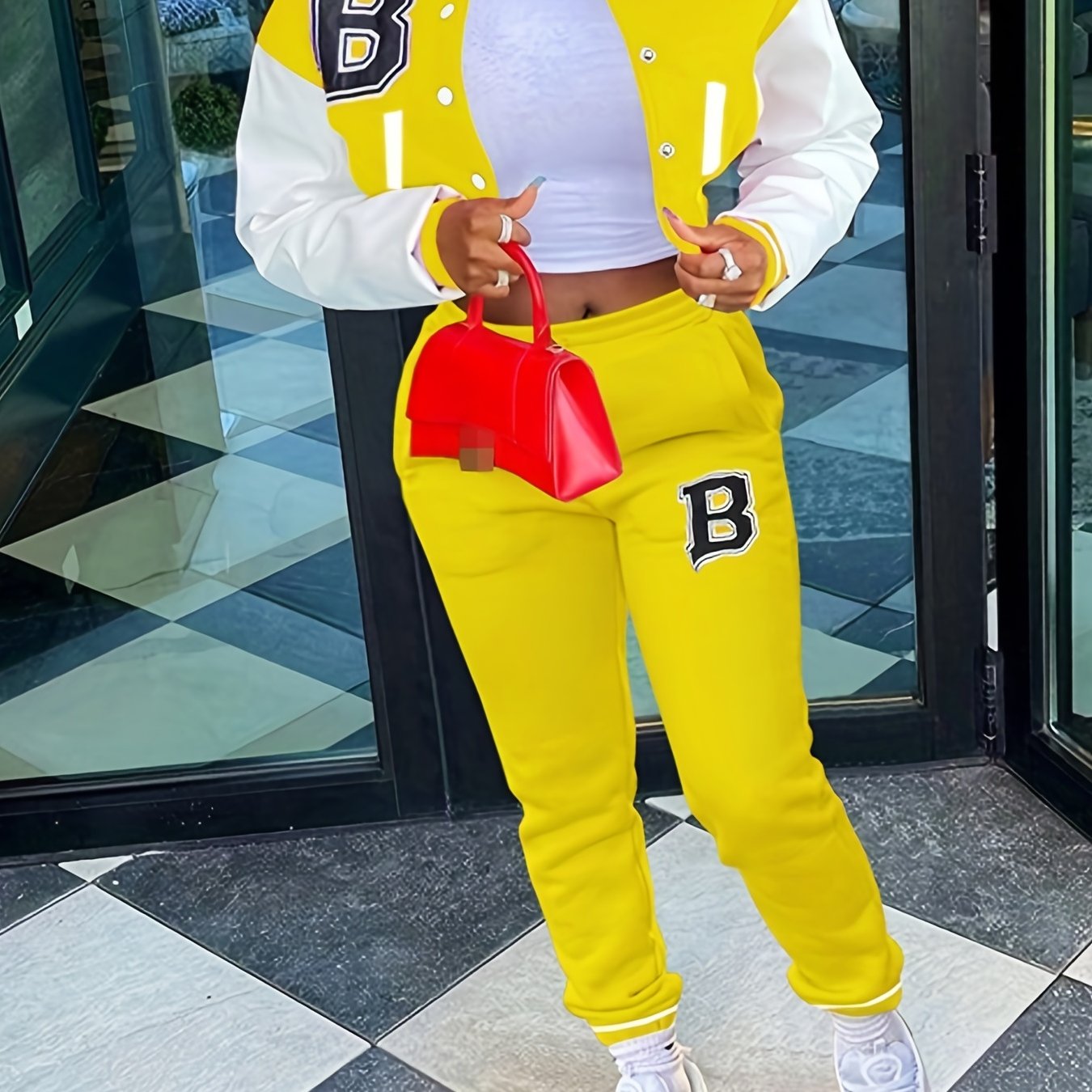 Trendy Letter Print Womens Two-Piece Set - Color Block Bomber Jacket with Slant Pockets & Chic Pants Outfit - Casual & Comfortable Clothing