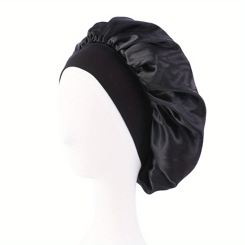 Solid Color Wide Elastic Band Satin Sleep Bonnet Soft Night Sleeping Cap For Women