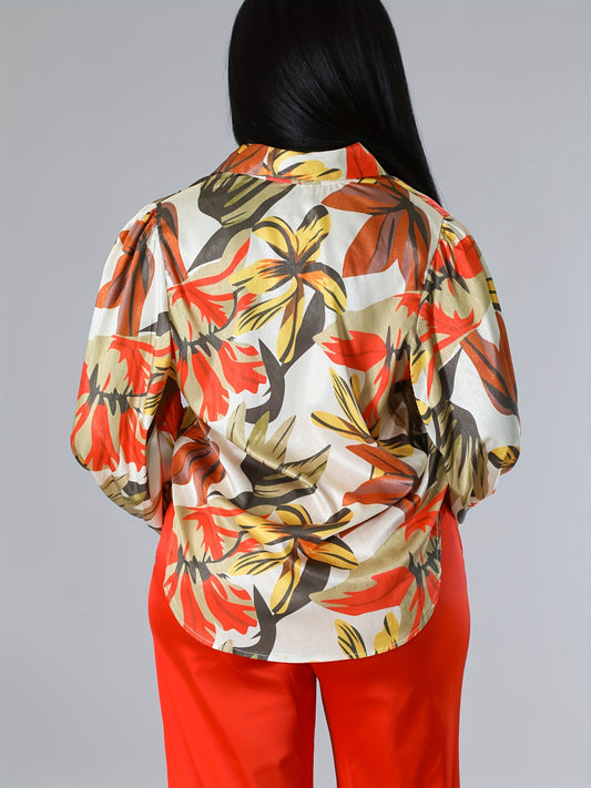 Vibrant Floral Print Blouse - Elegant Button Front, Flattering Shirred Lantern Sleeves, Relaxed Casual Style - Perfect for Spring and Fall, Womens Everyday Wear