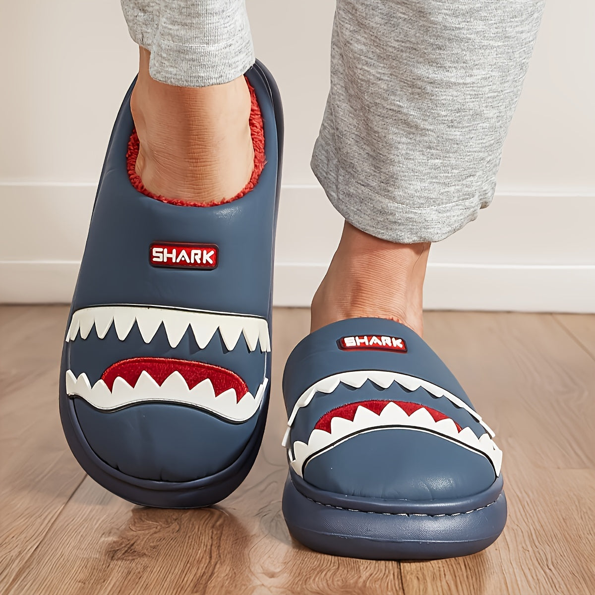 Trendy Animal Shark House Slippers For Women, Warm Lightweight Non-Slip Slip-On Indoor Home Shoes, Closed-Toe Kawaii Slippers Winter