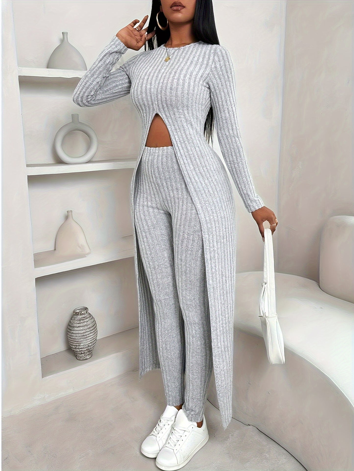 Chic Two-Piece Set for Women - Stylish Long Sleeve Crop Top & High-Waist Pants with Stretchy Polyester Fabric, Machine Washable, Comfortable, and Versatile for Daily Wear - Ideal for Office, Party, or Casual Outings