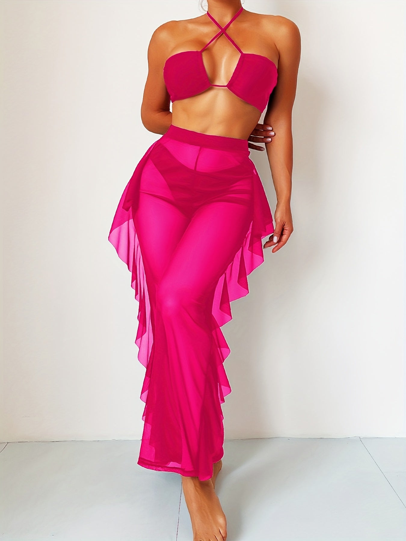 3-Piece Solid Color Halter Bikini Set - Flattering Low-Rise Bottom with Chic Ruffle Trim, Stylish Halter Neck Top & Sheer Beach Cover Up Pants - Elegant, Modern Womens Swimwear for Valentines Day