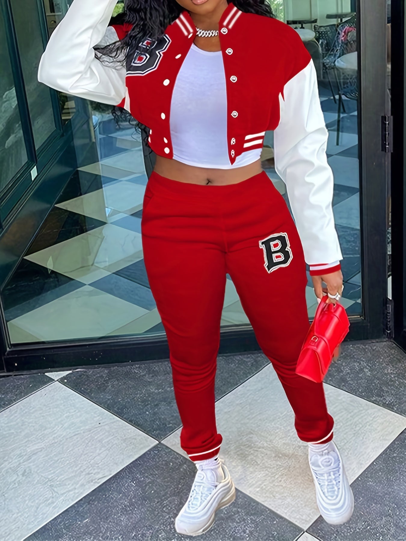 Trendy Letter Print Womens Two-Piece Set - Color Block Bomber Jacket with Slant Pockets & Chic Pants Outfit - Casual & Comfortable Clothing