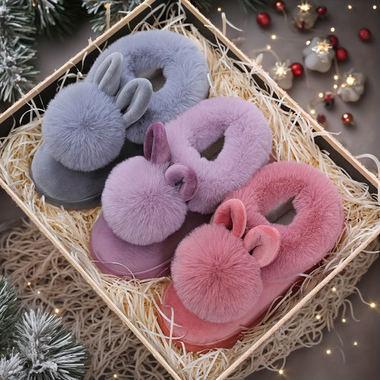 2025 Couples Slippers for Women & Men - Winter Warm Single Ball Design with Cute Rabbit-Ear Accents | Thick Sole Soft-Sole House Shoes | Cozy Solid-Color Indoor/Outdoor Slides | Lightweight Quiet Home Footwear