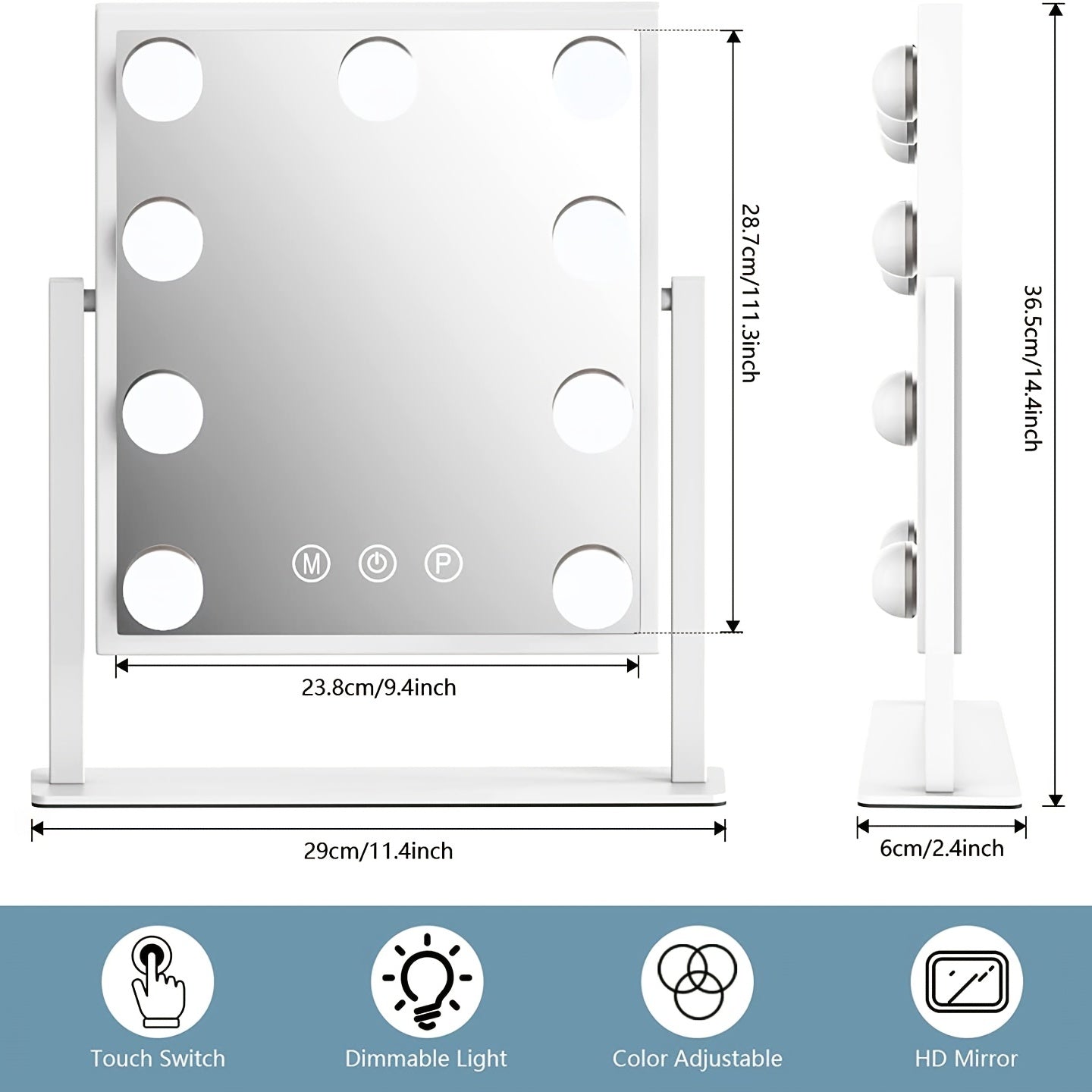 Makeup Mirror with Lights, Hollywood Makeup Mirror with 3 Color Modes and 9 Adjustable LED Bulbs, Zoom in 360° Rotation Touch Control