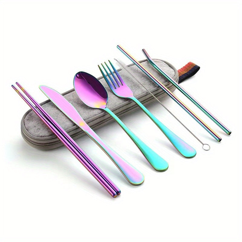 8pcs Portable Utensils, Travel Camping Cutlery Set, Knife Fork Spoon Chopsticks Cleaning Brush Straws Portable Case, Stainless Steel Flatware Set