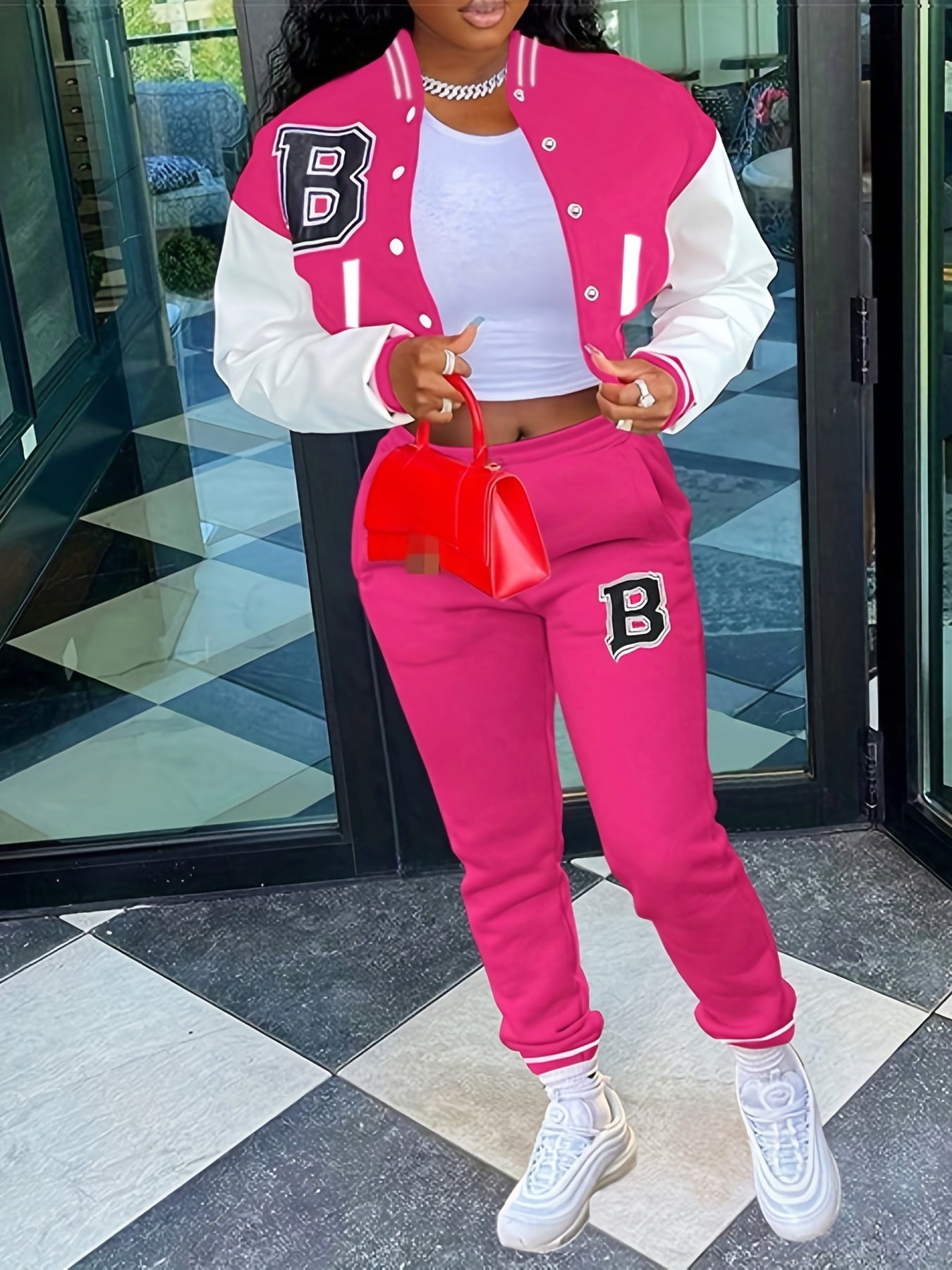 Trendy Letter Print Womens Two-Piece Set - Color Block Bomber Jacket with Slant Pockets & Chic Pants Outfit - Casual & Comfortable Clothing