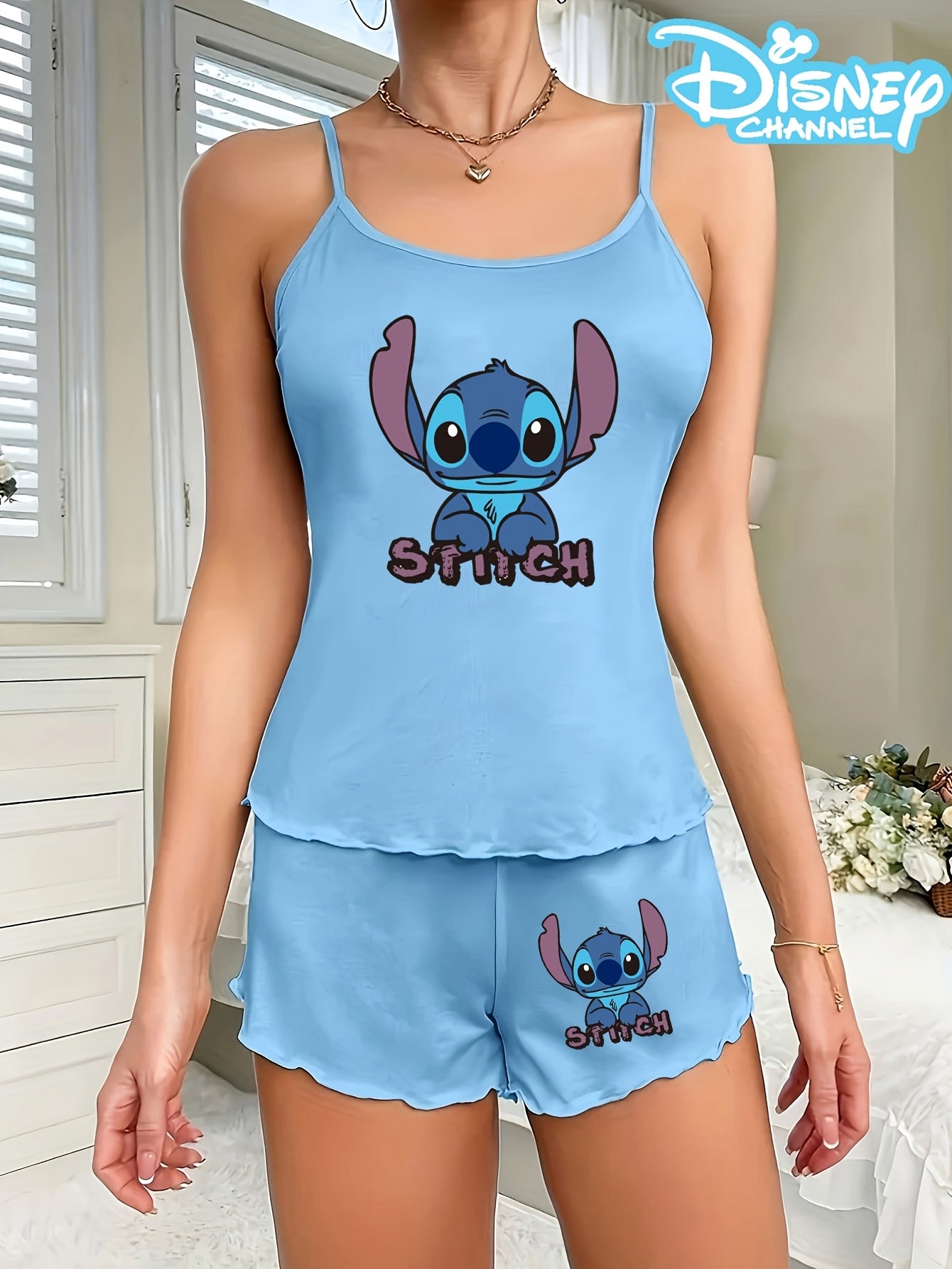 Stitch Women'S Light Blue Pajama Set - Casual Spaghetti Strap Shorts with Playful Purple Lettering, Soft Polyester Blend, Perfect for Lounge or Sleepwear, Sleepwear Set|Playful Print|Polyester Blend