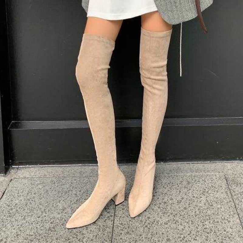 Apricot Cover Over-The-Knee Chunky Women’s Boots with Pointed Toe & Zip Closure – Stylish High Heel Winter Boots for Casual & Goth Fashion, Goth Fashion Boots | Chunky Heel Boots | Fabric Lined Boots, High Heel Boots