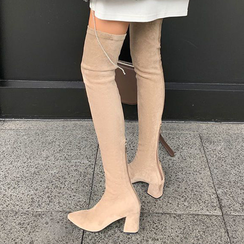 Apricot Cover Over-The-Knee Chunky Women’s Boots with Pointed Toe & Zip Closure – Stylish High Heel Winter Boots for Casual & Goth Fashion, Goth Fashion Boots | Chunky Heel Boots | Fabric Lined Boots, High Heel Boots