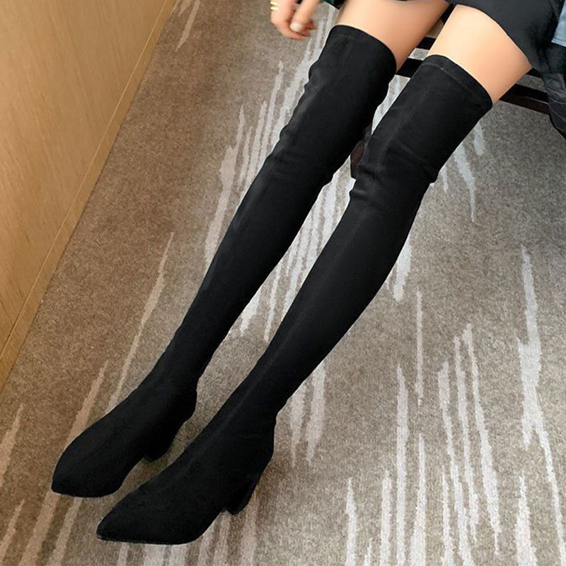 Apricot Cover Over-The-Knee Chunky Women’s Boots with Pointed Toe & Zip Closure – Stylish High Heel Winter Boots for Casual & Goth Fashion, Goth Fashion Boots | Chunky Heel Boots | Fabric Lined Boots, High Heel Boots
