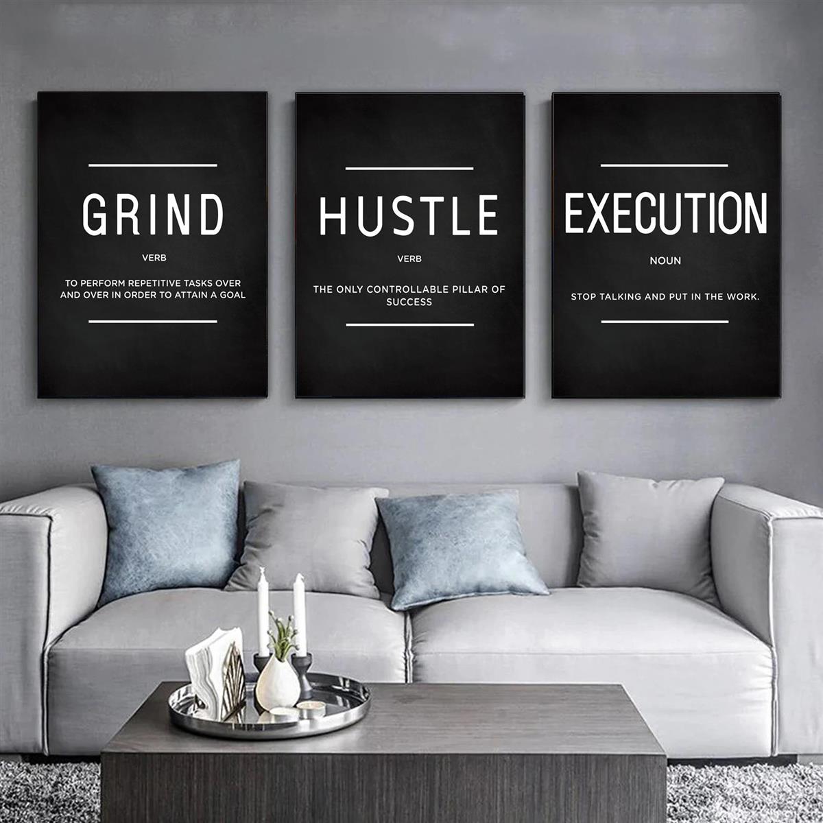 3pcs/set Grind Hustle Execution Quotes Canvas Wall Art - Motivational Gifts for Friends, Entrepreneurs, and Home Office Decor - Inspirational Posters with No Frames