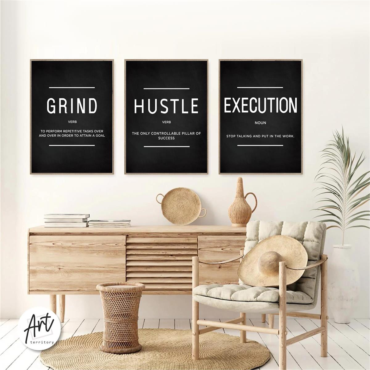 3pcs/set Grind Hustle Execution Quotes Canvas Wall Art - Motivational Gifts for Friends, Entrepreneurs, and Home Office Decor - Inspirational Posters with No Frames