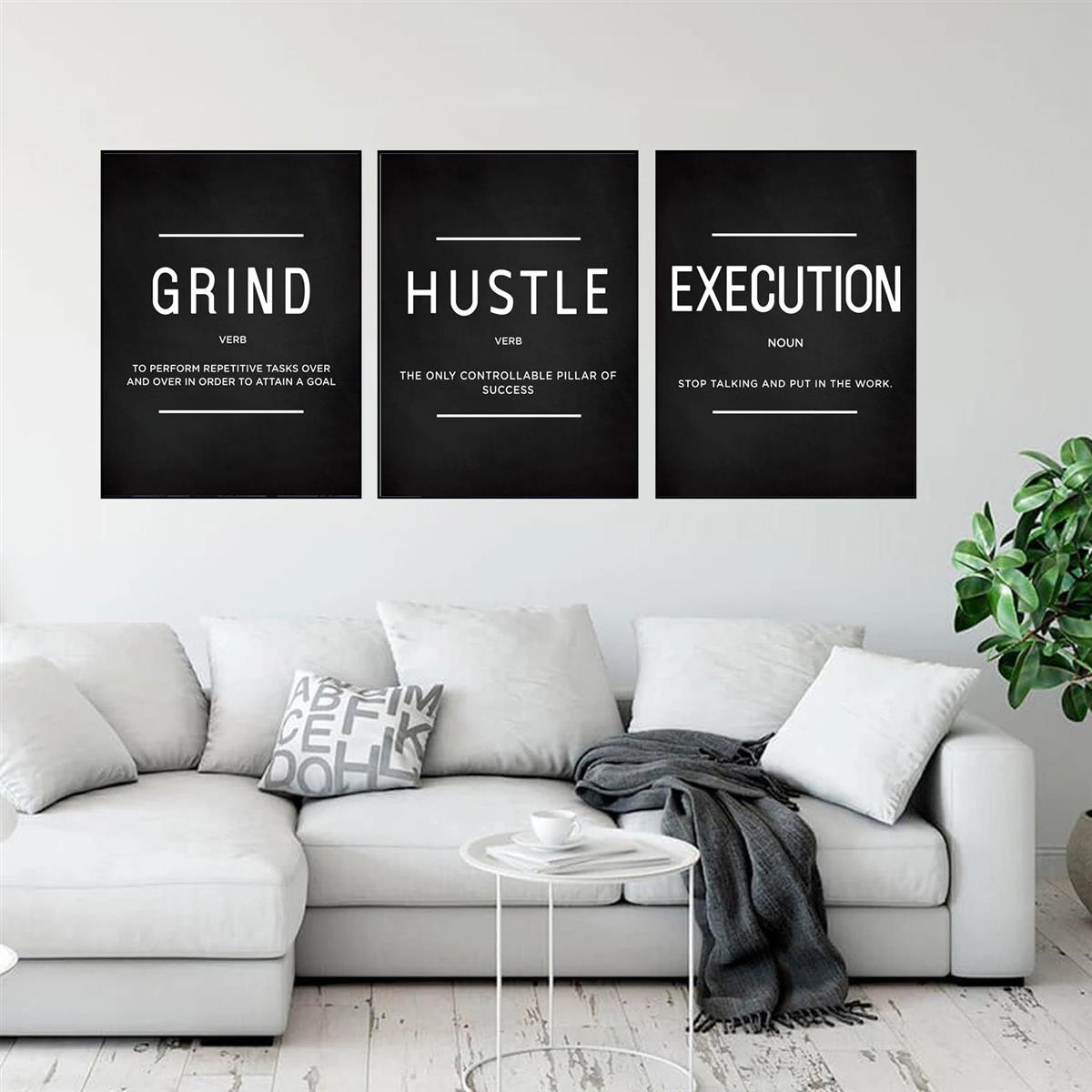 3pcs/set Grind Hustle Execution Quotes Canvas Wall Art - Motivational Gifts for Friends, Entrepreneurs, and Home Office Decor - Inspirational Posters with No Frames