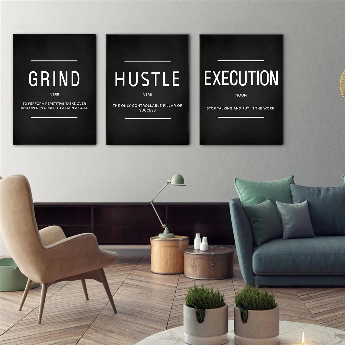 3pcs/set Grind Hustle Execution Quotes Canvas Wall Art - Motivational Gifts for Friends, Entrepreneurs, and Home Office Decor - Inspirational Posters with No Frames