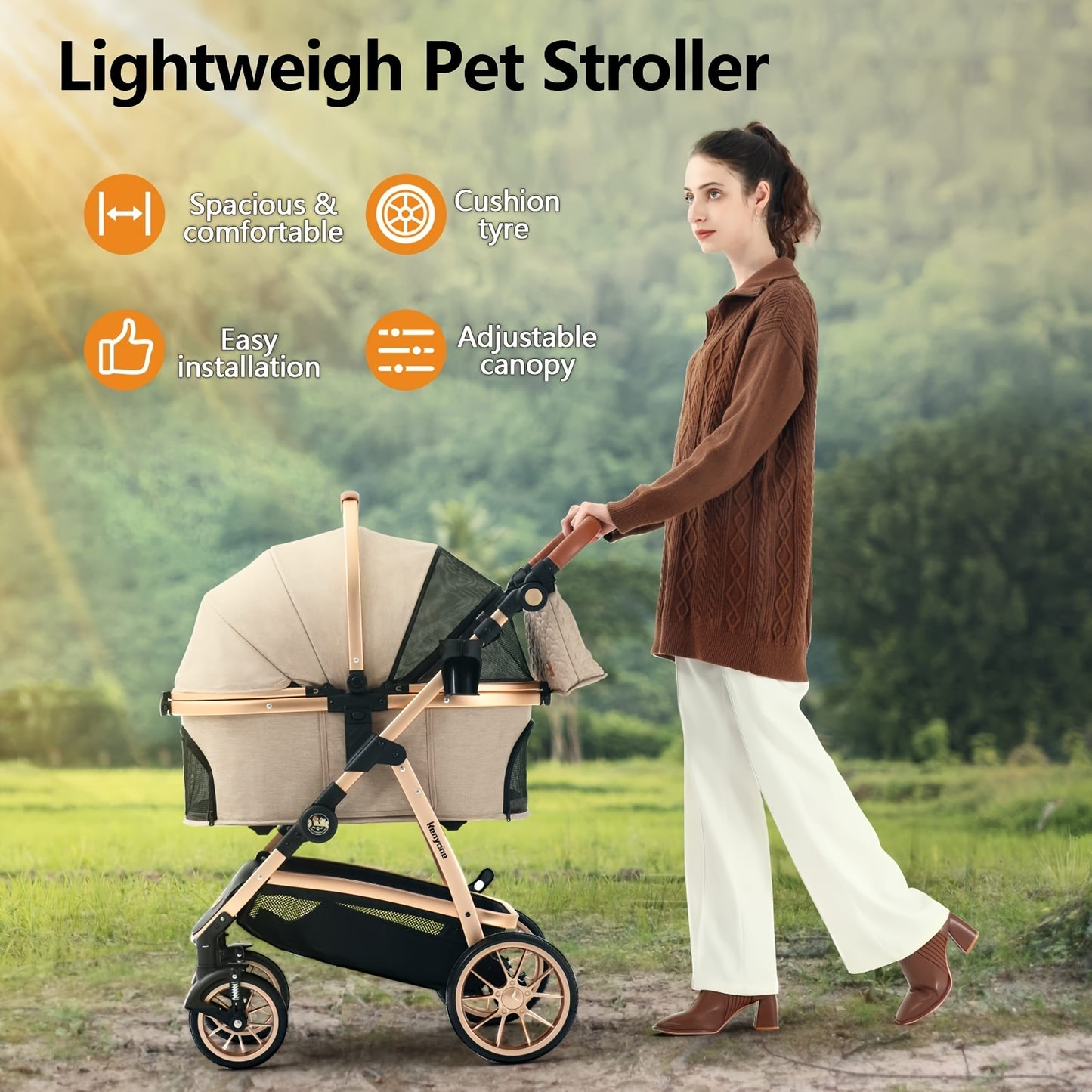 3-in-1 Kenyone Luxury Pet Stroller - Medium Small Size Dogs and Cats Carrier - Detachable Puppy Kitty Doggie Travel System with Large Space and Comfortable Ride