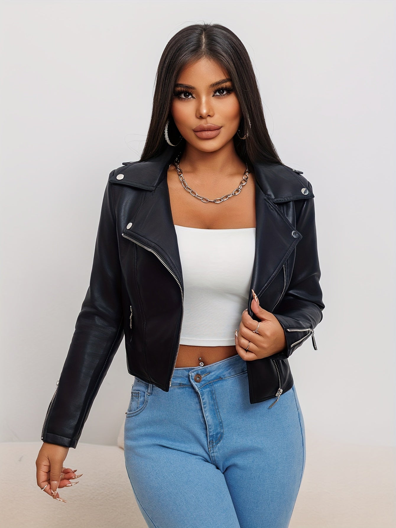 Women's Fashion Faux Leather Jacket 2024, Slim Fit PU Leather Biker Jacket, Solid Color, Long Sleeve, Zipper Front, Spring/Autumn Season, with Pockets, Commuter Style