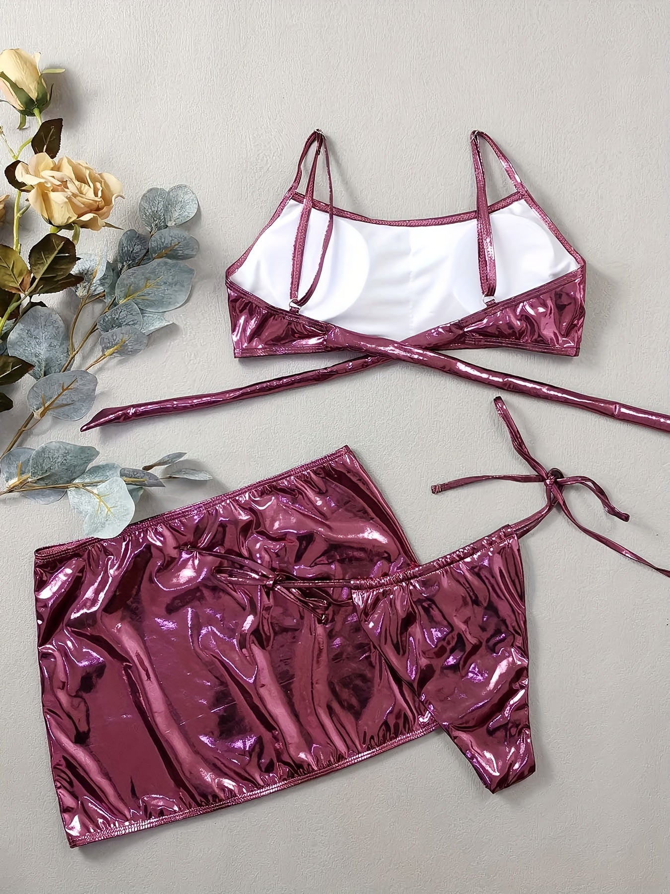 Women's Sexy 3-Piece Metallic Bikini Set, Glitter Fabric, Ruched Front Top & High Cut Bottom With Cover Up Skirt, Women's Swimwear