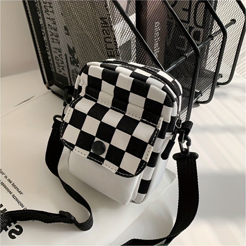 Checkered Canvas Crossbody Bag, Pocket Front Square Purse, Mini Shoulder Bag For Phone Key