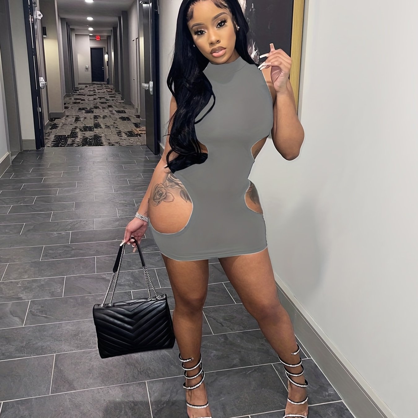 Women'S Sexy High Neck Cut-Out Mini Dress - Black Bodycon with Thigh-High Slit, Strappy Sandals & Clutch, Perfect for Summer Parties & Events, Party Attire | Sexy Bodycon Dress | Highneck Design