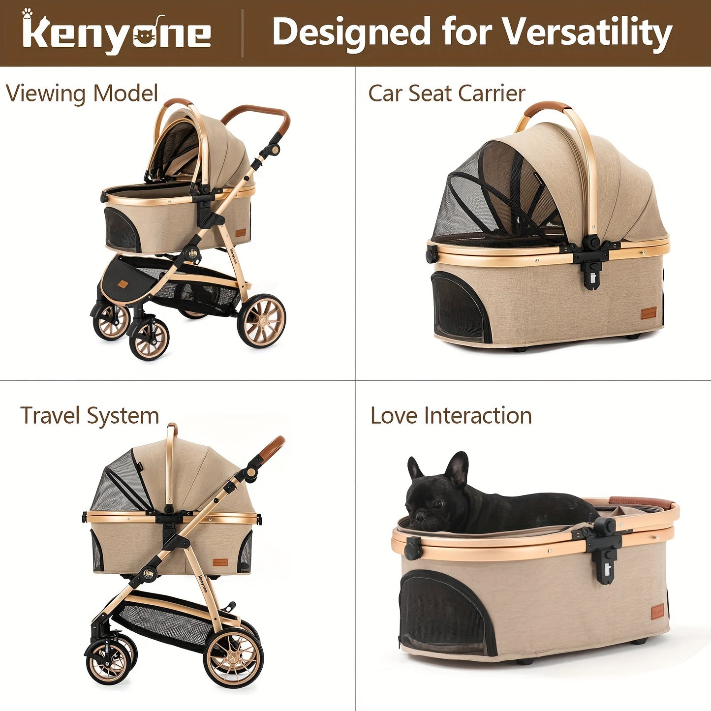 3-in-1 Kenyone Luxury Pet Stroller - Medium Small Size Dogs and Cats Carrier - Detachable Puppy Kitty Doggie Travel System with Large Space and Comfortable Ride