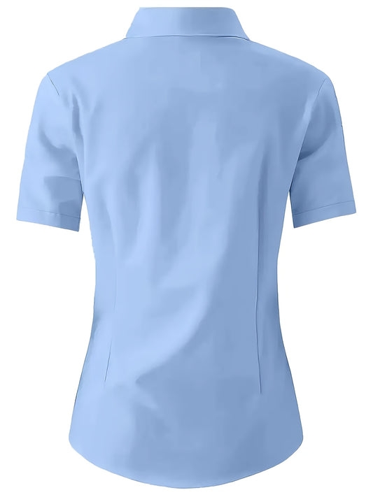 Women'S Elegant Solid Color Short Sleeve Blouse - Light Blue, Fitted Collared Shirt with Button Details, Perfect for Office or Casual Wear, Ladies Blouses