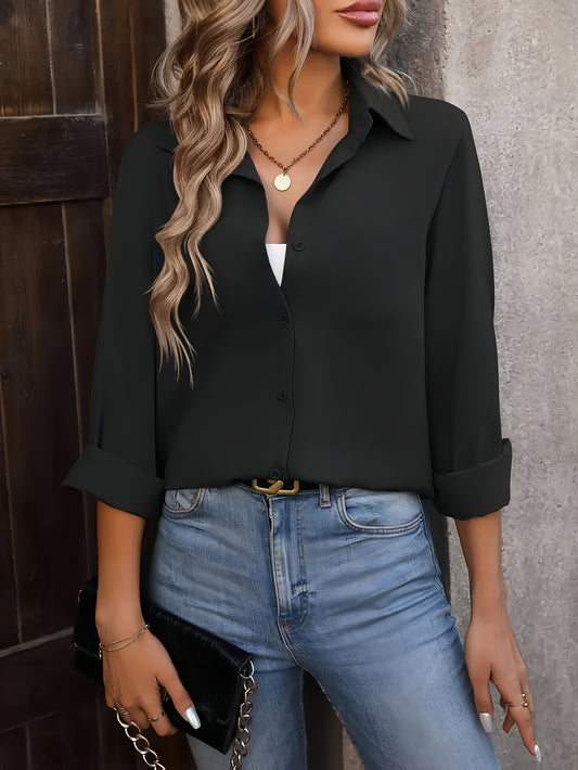 Women's Elegant Long Sleeve Shirt - Solid Color Blue Wrinkle-Resistant Fabric, Classic Pointed Collar & Single-Button Closure, Regular Fit for Spring/Summer Daily Wear & Vacation, Machine Washable, Summer Blouse, Sophisticate