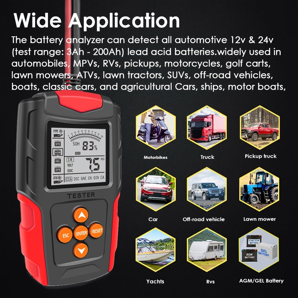 12v & 24v Battery Tester, Battery Analyzer Test Tool Digital Tester For Wet/GEL/SLA/Flooded/EFB/Lead-Acid/AGM