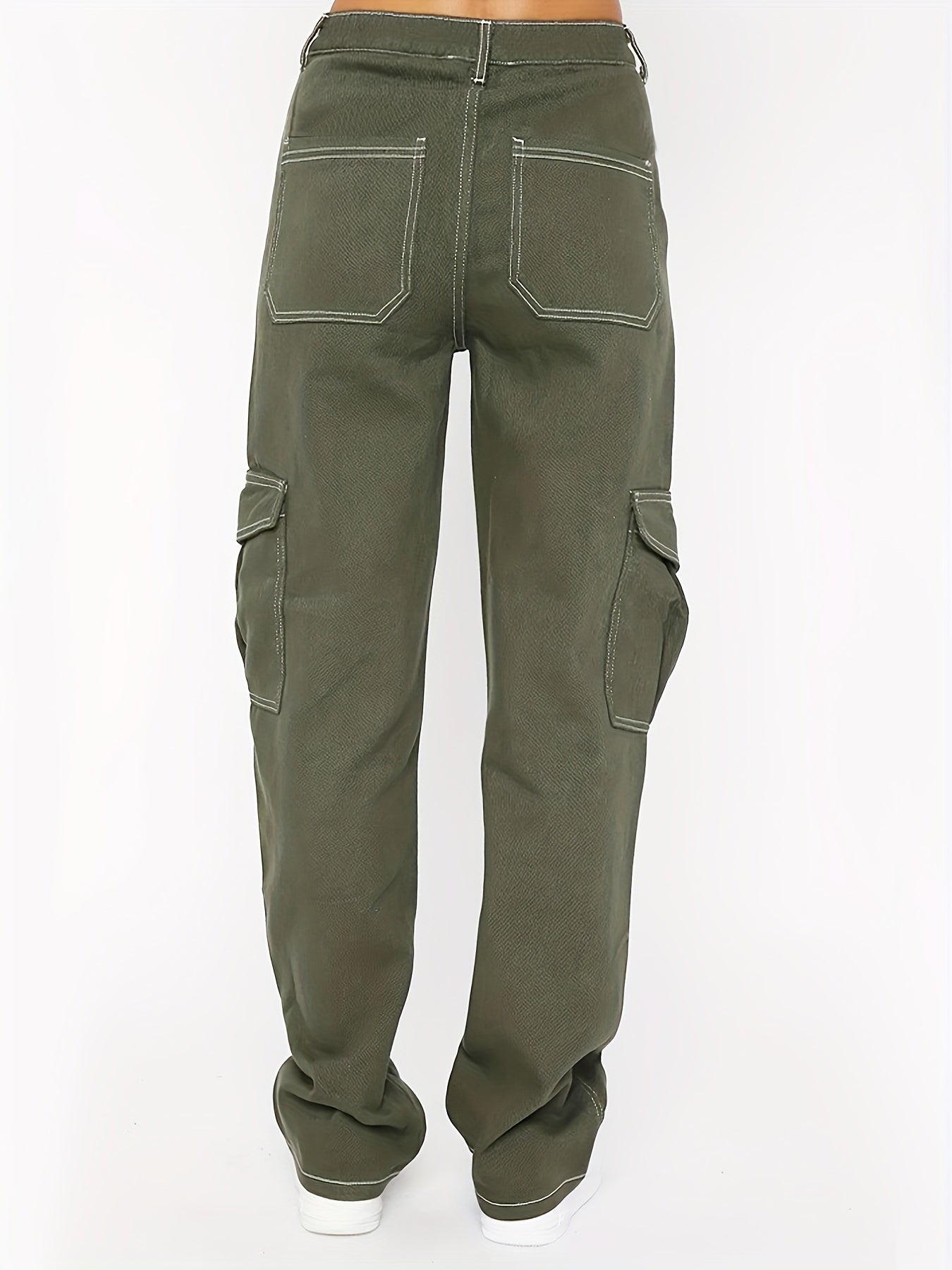 High-Waisted Army Green Denim Cargo Pants - Flap Pockets, Comfortable Loose Fit, Casual Everyday Wear - Y2K Vintage Style