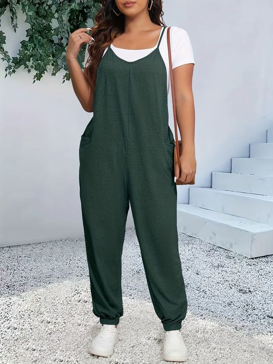 Plus Size Chic Cami Jumpsuit - Comfort-Fit with Tapered Leg, V-Neck Design, and Convenient Pockets - Versatile for Casual and Everyday Wear