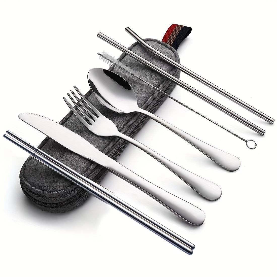 8pcs Portable Utensils, Travel Camping Cutlery Set, Knife Fork Spoon Chopsticks Cleaning Brush Straws Portable Case, Stainless Steel Flatware Set