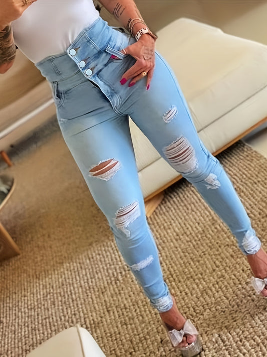 Trendy Blue Ripped Holes High Waist Skinny Jeans - Slim Fit, Single Breasted Button, Stretchy Denim Fabric, Comfortable Pockets, Fashionable Ripped Knee Design, Women's Denim Clothing & Stylish Pants for Casual Wear