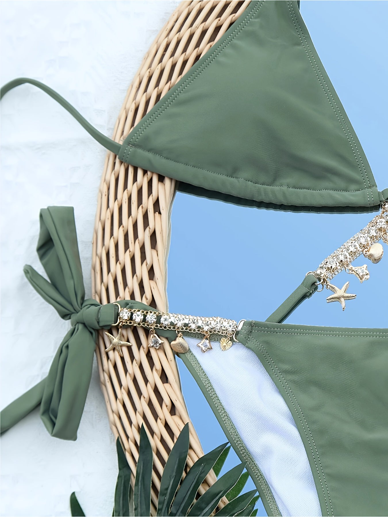 1pc Elegant Rhinestone Accented Bikini Set for Women - High-Waisted Knit Fabric Swimsuit with Deep V Neck, Side Lace-Up Bottom, and Adjustable Straps - Solid Color Nylon and Spandex Blend, Polyester Lined, for Swimming