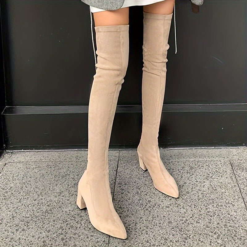 Apricot Cover Over-The-Knee Chunky Women’s Boots with Pointed Toe & Zip Closure – Stylish High Heel Winter Boots for Casual & Goth Fashion, Goth Fashion Boots | Chunky Heel Boots | Fabric Lined Boots, High Heel Boots