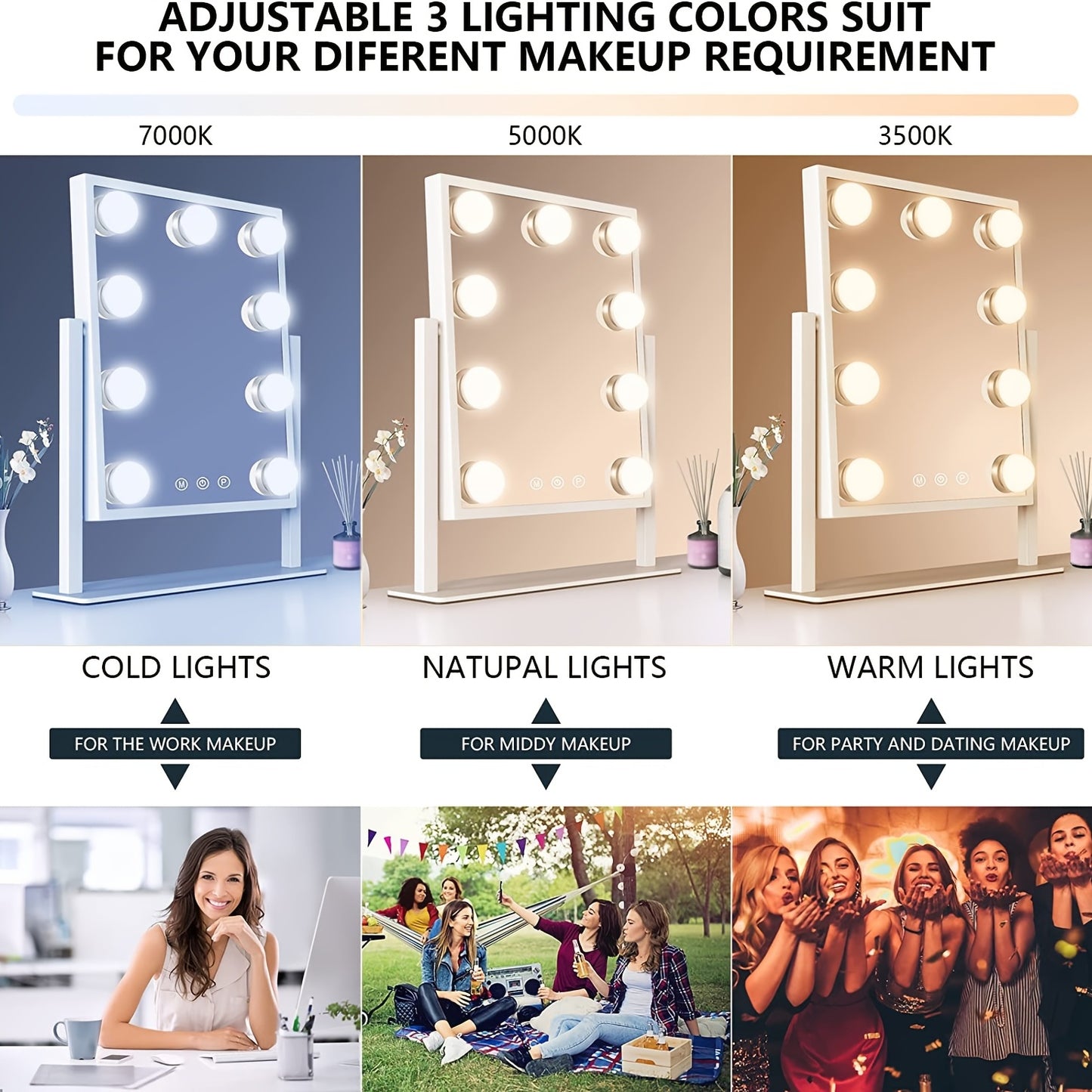 Makeup Mirror with Lights, Hollywood Makeup Mirror with 3 Color Modes and 9 Adjustable LED Bulbs, Zoom in 360° Rotation Touch Control