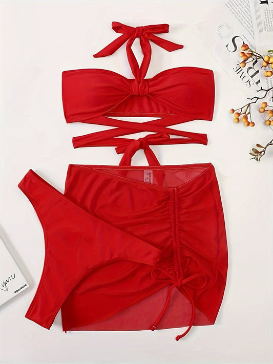 Solid Color Sexy 3 2 Piece Set Bikini, Halter Neck High Cut With Drawstring Cover Up Skirt Swimsuits, Women's Swimwear & Clothing