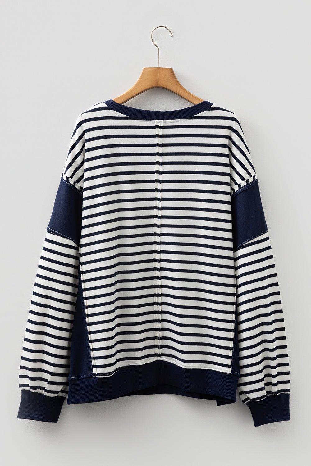 Blue Stripe Contrast Stitched Detail Color Block Patchwork Plus Size Sweatshirt