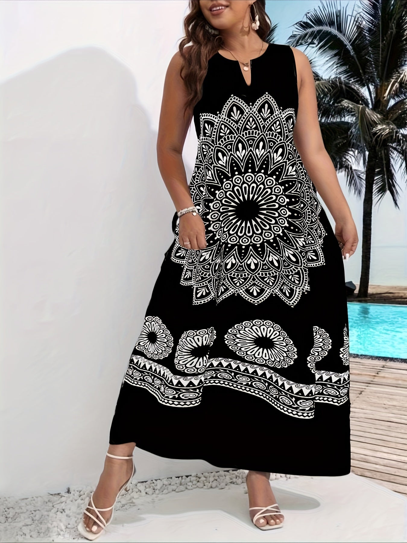Mandala Floral Print Maxi Dress, Elegant Notched Neck Sleeveless Dress, Women's Clothing