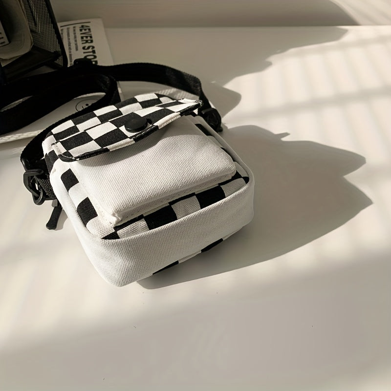 Checkered Canvas Crossbody Bag, Pocket Front Square Purse, Mini Shoulder Bag For Phone Key